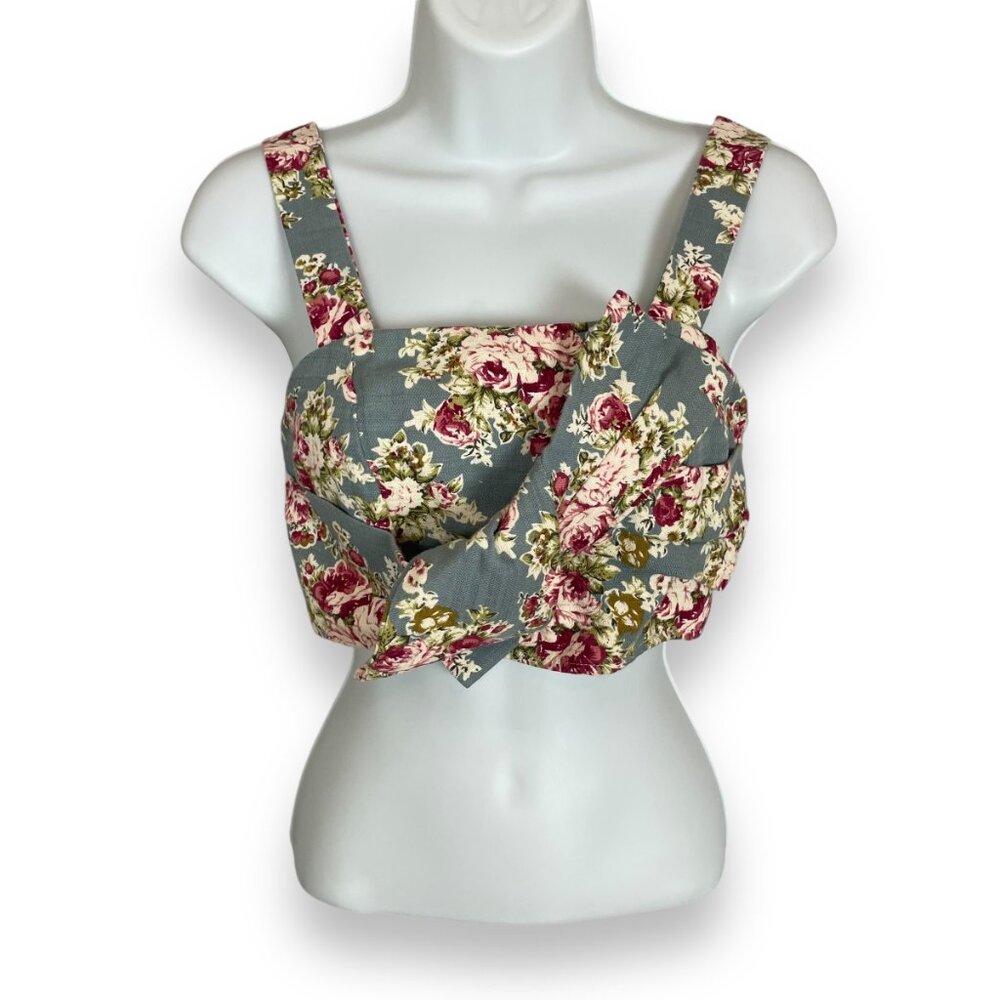 Lob Crop‎ Top Floral Linen Cotton Twisted Bow Front Sleeveless XS Cottagecore